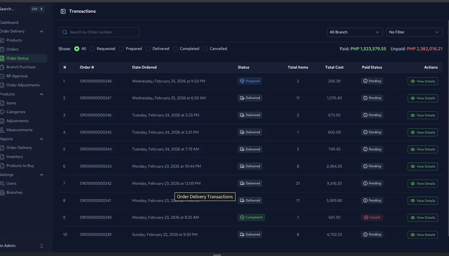 Order processing page